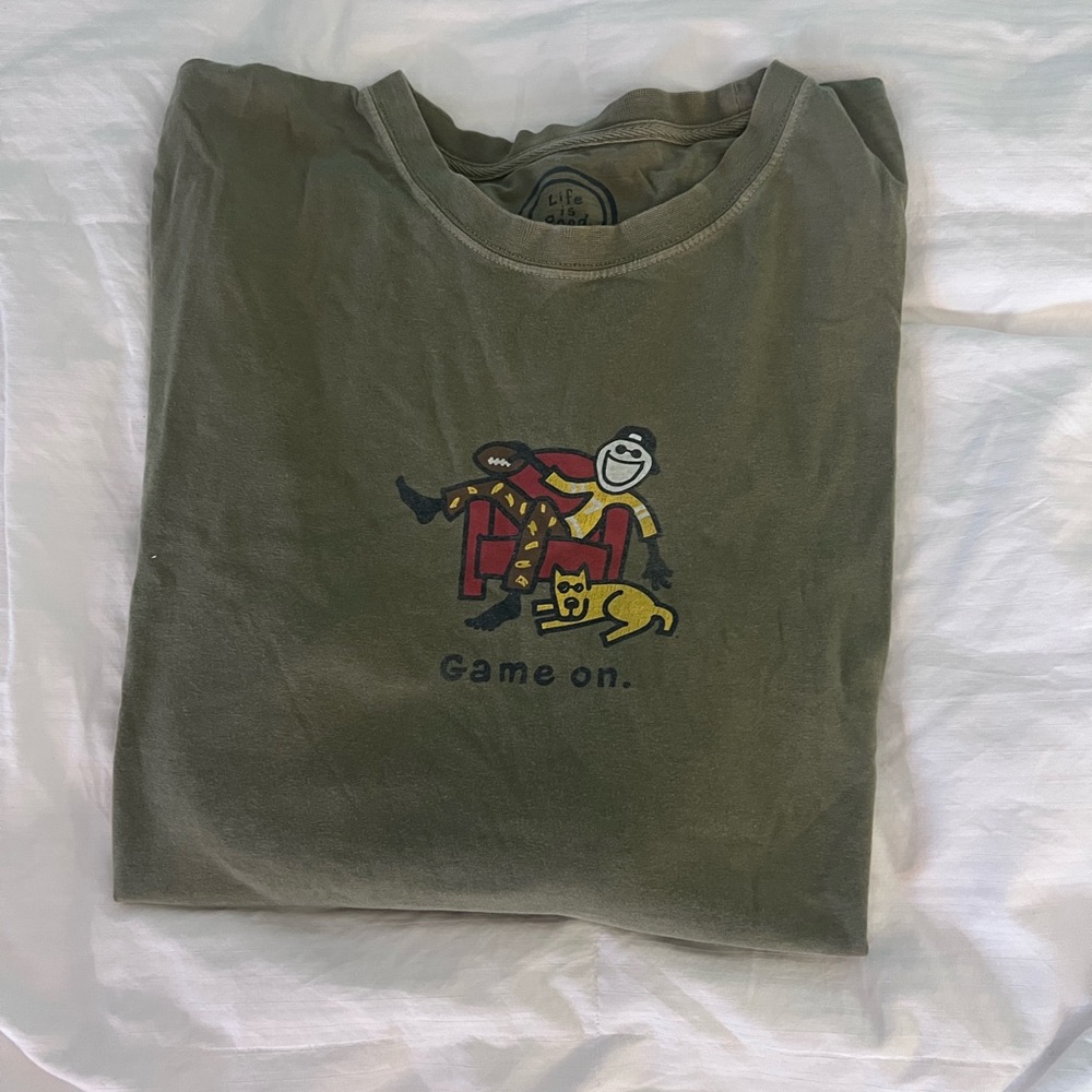 Life Is Good Vintage Olive Graphic Tee “Game On”